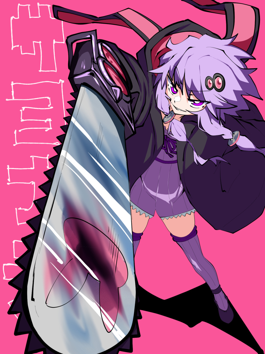 1girl animal_hood black_hoodie bright_pupils chainsaw commentary dress empire_waist floating_hair foreshortening from_above grin hair_ornament highres holding holding_chainsaw hood hood_down hoodie kakihou looking_at_viewer open_clothes open_hoodie pink_background purple_dress purple_eyes purple_hair purple_thighhighs rabbit_hood red_hoodie ribbed_dress ribbed_thighhighs sayonara_chainsaw_(vocaloid) sharp_teeth short_dress short_hair_with_long_locks simple_background smile solo song_name teeth thighhighs tsurime two-tone_hoodie v-shaped_eyebrows vocaloid voiceroid white_pupils yuzuki_yukari