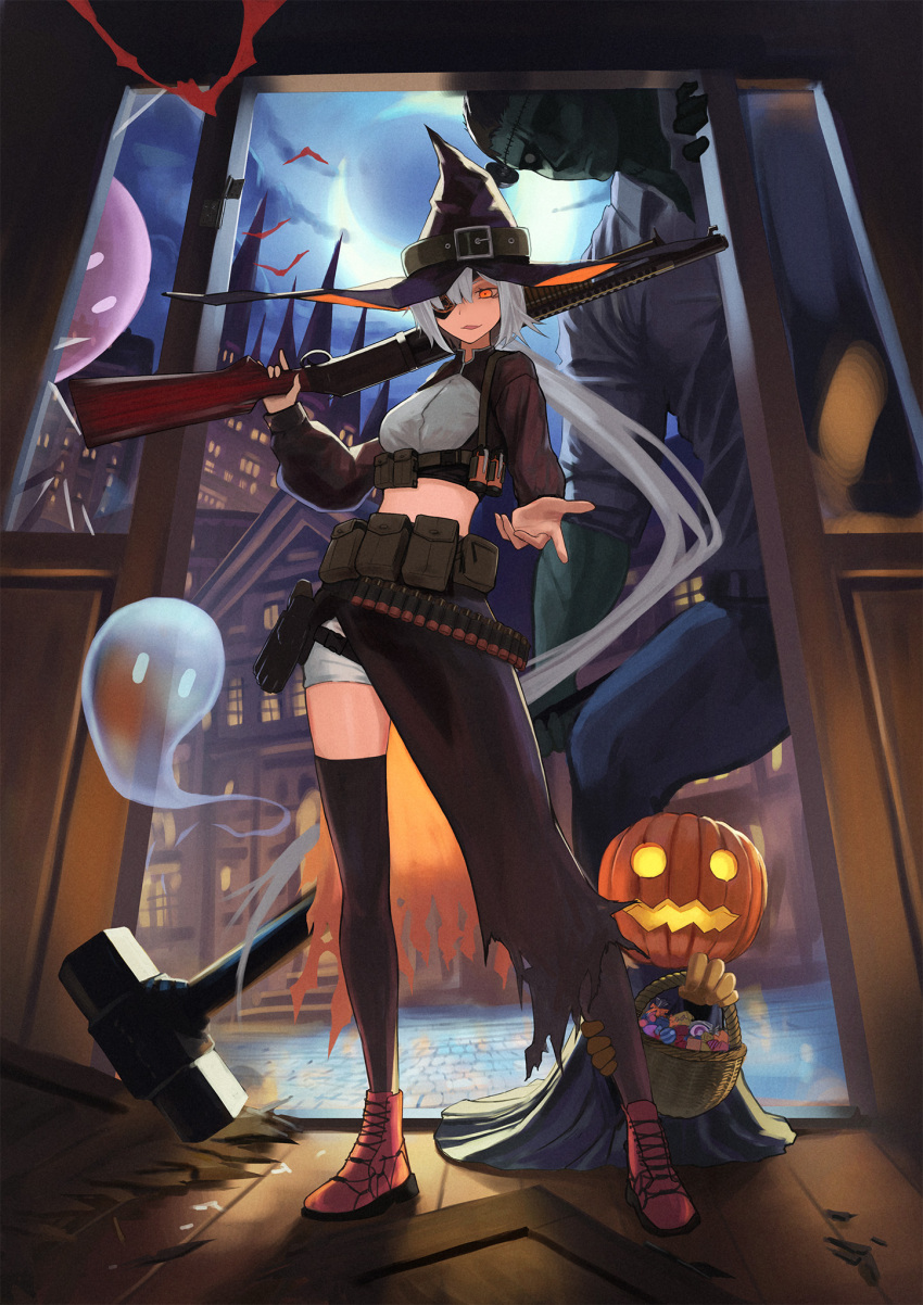 1boy 1girl 1other basket bath black_headwear black_robe black_shirt boots breasts building carrying_over_shoulder castle colored_skin cosplay explosive eyepatch ghost green_skin grenade grey_hair gun halloween hammer hat highres holding holding_basket holding_gun holding_weapon long_hair long_sleeves looking_at_viewer low_ponytail midriff object_through_head orange_eyes original pouch pumpkin_hat reaching_towards_viewer red_footwear robe screw_in_head shirt short_shorts shorts shotgun skirt sledgehammer small_breasts snap-fit_buckle stitched_face stitches thighhighs torn_clothes torn_skirt very_long_hair weapon white_shorts white_thighhighs witch witch_hat yakupan