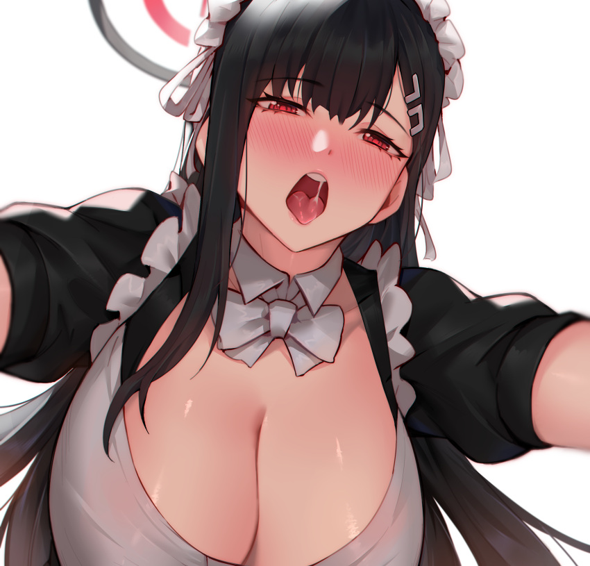 1girl absurdres alternate_costume black_dress black_hair blue_archive blush breasts cleavage commentary_request detached_collar dress enmaided hair_ornament hairclip half-closed_eyes halo highres hua-j large_breasts long_hair looking_at_viewer maid maid_headdress open_mouth red_eyes rio_(blue_archive) saliva short_sleeves simple_background solo teeth tongue upper_body upper_teeth_only white_background