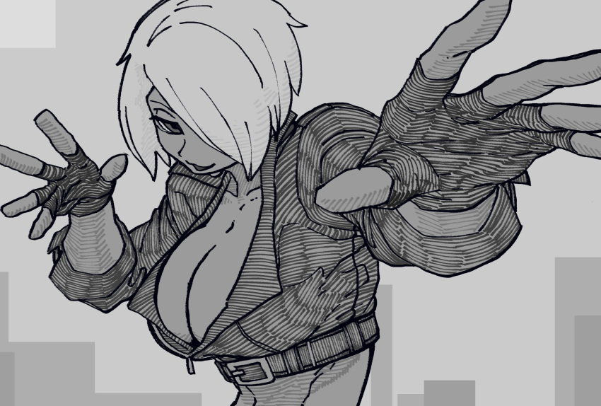 1girl angel_(kof) bone_nig bra breasts cleavage crop_top cropped_jacket fingerless_gloves gloves hair_over_one_eye highres jacket large_breasts leather leather_jacket looking_at_viewer midriff monochrome navel short_hair smile solo strapless strapless_bra the_king_of_fighters the_king_of_fighters_xiv toned underwear upper_body white_hair