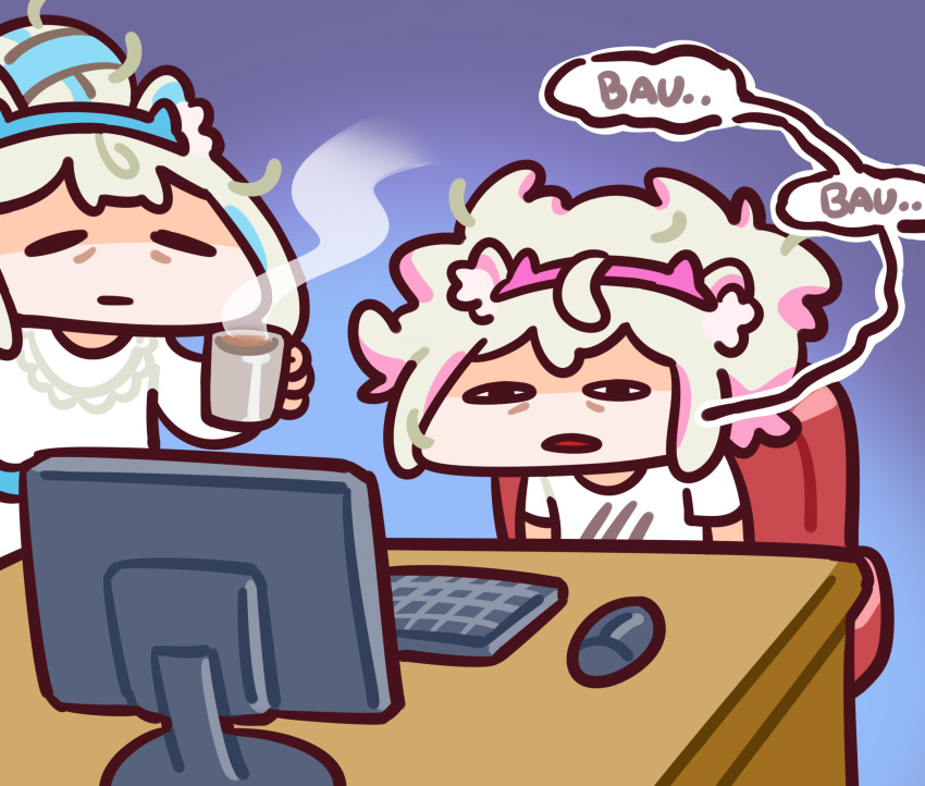 animal_ears bags_under_eyes blue_hair chibi coffee_mug commentary computer cup desk dog_ears dress english_commentary fuwawa_abyssgard highres hololive hololive_english keenbiscuit keyboard_(computer) light_brown_hair messy_hair mococo_abyssgard monitor mouse_(computer) mug multicolored_hair pink_hair shirt siblings sisters speech_bubble streaked_hair twins virtual_youtuber waking_up white_dress white_shirt