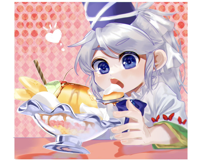 1girl argyle argyle_background blue_bow blue_bowtie blue_eyes blue_headwear blush bow bowtie cherry commentary_request eating food fruit grey_hair hat heart heart-shaped_pupils highres ice_cream japanese_clothes kariginu long_hair medium_bangs melon melon_slice mononobe_no_futo oishiinori_1248 open_mouth pink_background polka_dot polka_dot_background ponytail pudding red_bow short_sleeves solo symbol-shaped_pupils tate_eboshi touhou upper_body wafer_stick whipped_cream