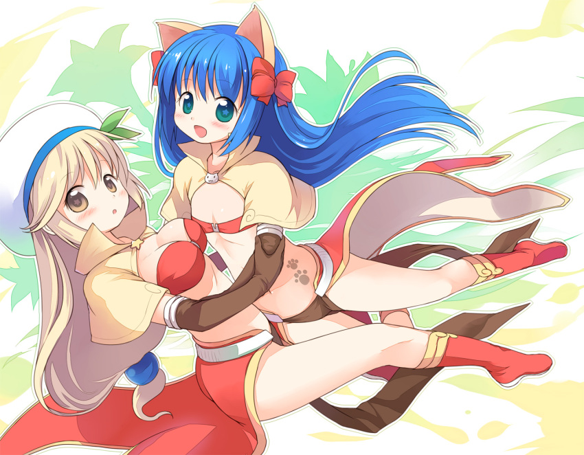 2girls :d animal_ears asymmetrical_docking bangs bikini bikini_top_only blonde_hair blue_hair blush boots bow breast_press breasts brooch brown_capelet brown_gloves capelet cat_brooch cat_ears cleavage commentary_request elbow_gloves emurin flat_chest full_body gloves green_eyes hair_bow highres hug jewelry large_breasts leaf_hat_ornament long_hair looking_at_viewer low-tied_long_hair mage_(ragnarok_online) majiko_(emurin) midriff multiple_girls navel open_mouth paw_print_tattoo pelvic_curtain ragnarok_online red_bikini red_bow red_footwear red_skirt showgirl_skirt skirt smile star-shaped_pupils star_(symbol) star_brooch swimsuit symbol-shaped_pupils tam_(ragnarok_online) white_headwear