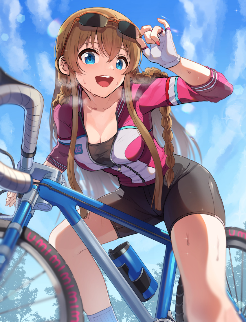 1girl adjusting_eyewear bicycle bike_jersey bike_shorts black_shorts blue_eyes blue_sky blurry blurry_background bottle braid breasts brown-framed_eyewear brown_hair cloud cloudy_sky commentary cycling_uniform day depth_of_field eyewear_on_head fingerless_gloves gloves highres idolmaster idolmaster_million_live! jacket kamille_(vcx68) kousaka_umi lamppost long_hair looking_at_viewer medium_breasts open_mouth outdoors over-rim_eyewear pink_jacket revision semi-rimless_eyewear shorts side_braid sitting sky smile socks solo sunglasses sweat twin_braids unzipped water_bottle white_gloves white_socks