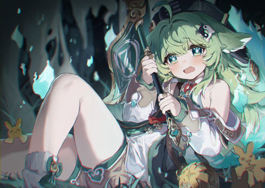 1girl absurdres ahoge animal_ears bare_shoulders black_headwear blue_eyes blush chromatic_aberration commentary coria flag green_hair hair_ornament highres hitodama holding holding_flag honkai:_star_rail honkai_(series) huohuo_(honkai:_star_rail) jewelry knee_up long_hair long_sleeves open_mouth paw-shaped_pupils ring sitting solo symbol-only_commentary tearing_up tears yin_yang
