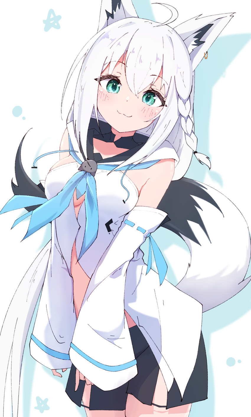 1girl :3 absurdres ahoge animal_ear_fluff animal_ears black_shorts blue_neckerchief blush braid breasts commentary_request detached_sleeves fox_ears fox_girl fox_tail front_slit green_eyes hair_between_eyes highres hololive hood hooded_vest hoodie long_hair looking_at_viewer midriff_peek neckerchief sen_(sen42724788) shirakami_fubuki shirakami_fubuki_(1st_costume) short_shorts shorts side_braid sidelocks single_braid smile solo standing star_(symbol) strapless tail vest virtual_youtuber white_hair white_sleeves wide_sleeves