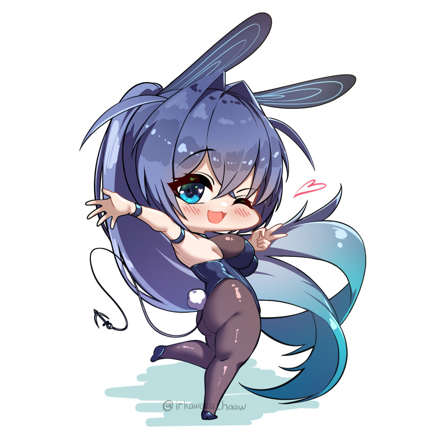 1girl absurdly_long_hair absurdres anchor animal_ears aqua_hair ass azur_lane blue_eyes blue_hair blue_leotard breasts chibi from_behind from_side full_body gradient_hair hair_flaps hair_intakes highres irkawaza large_breasts leotard long_hair looking_at_viewer looking_back multicolored_hair new_jersey_(azur_lane) one_eye_closed open_mouth pantyhose playboy_bunny rabbit_ears rabbit_tail sideboob smile solo tail v very_long_hair waving