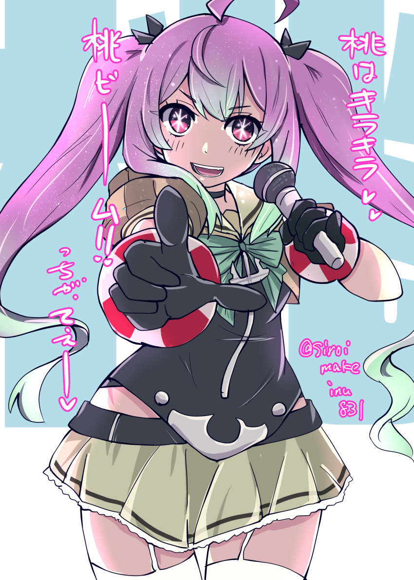 1girl absurdres ahoge anchor black_gloves bow bracelet character_name corset cowboy_shot garter_straps gloves gradient_hair green_bow green_hair grey_sailor_collar grey_skirt highres jewelry kantai_collection kitahama_(siroimakeinu831) long_hair looking_at_viewer microphone momo_(kancolle) multicolored_hair one-hour_drawing_challenge oshi_no_ko pink_hair pleated_skirt pointing red_eyes sailor_collar sailor_shirt school_uniform serafuku shirt skirt solo star-shaped_pupils star_(symbol) symbol-shaped_pupils teeth text_background thighhighs twintails twitter_username white_background