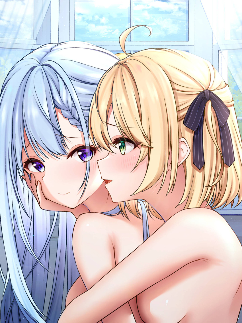 2girls ahoge anisphia_wynn_palettia blonde_hair braid breast_press euphyllia_magenta grey_hair hairband hand_on_another's_face highres hug hug_from_behind long_hair multiple_girls nude short_hair smile tensei_oujo_to_tensai_reijou_no_mahou_kakumei upper_body window yuri