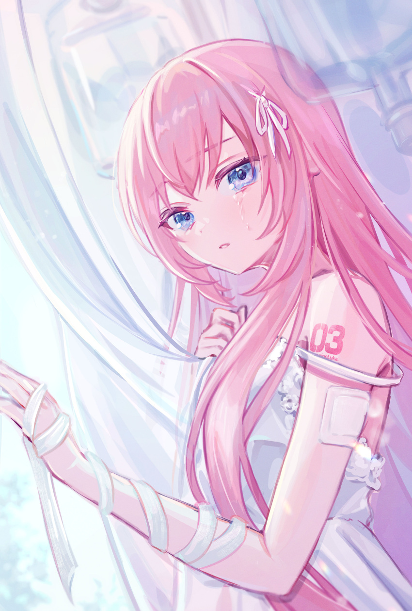 1girl absurdres bandaged_arm bandages bandaid bandaid_on_arm bare_shoulders blue_eyes blurry blurry_background blurry_foreground commentary crossed_bangs curtains dress hair_over_shoulder hair_ribbon hand_on_window highres holding indoors iv_stand long_hair looking_at_viewer megurine_luka number_tattoo parted_lips pink_hair ribbon shoulder_tattoo sick sleeveless sleeveless_dress solo spaghetti_strap tattoo tears upper_body very_long_hair vocaloid vs0mr white_dress white_ribbon