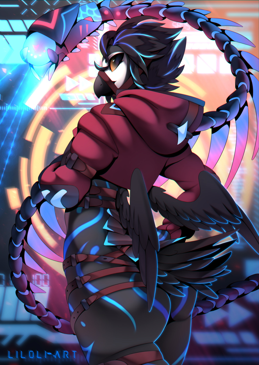 anthro avian bird butt clothing crop_top cyberpunk drone feathered_wings feathers girly hi_res hood hoodie interface liloli_(artist) machine male muzzle_(object) neon owl pinup pose ribbons robot shirt solo tape topwear wings yellow_eyes