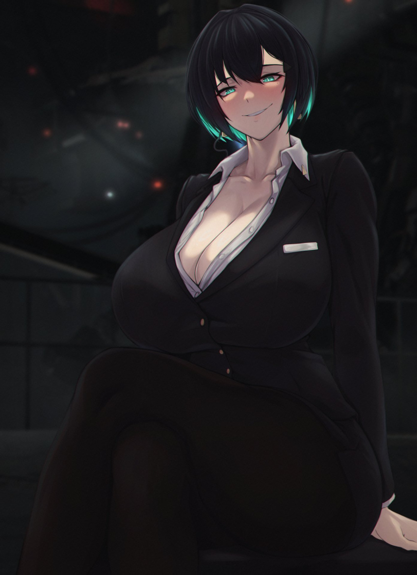 1girl allmind_(armored_core_6) aqua_eyes aqua_hair armored_core armored_core_6 backlighting black_hair black_jacket black_pantyhose black_skirt black_suit blurry blurry_background bob_cut breast_pocket breasts business_suit cleavage collarbone collared_shirt colored_inner_hair crossed_legs curvy dress_shirt earpiece earrings glowing glowing_eyes grin hair_between_eyes hangar haze head_tilt highres huge_breasts indoors jacket jewelry long_sleeves looking_at_viewer miniskirt multicolored_hair necktie necktie_removed office_lady open_clothes open_collar open_shirt pantyhose pencil_skirt personification plump pocket shirt sitting skirt smile solo suit taut_clothes taut_shirt triangle_earrings zer0.zer0