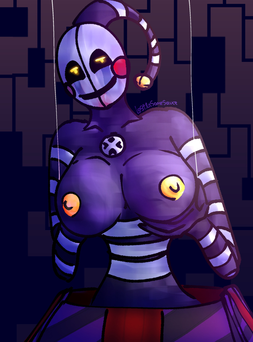 3_fingers absurd_res animatronic areola bell big_breasts black_body black_sclera box breasts container facial_markings female fingers five_nights_at_freddy's freddy_fazbear's_pizzeria_simulator gift_box glowing glowing_eyes head_markings hi_res holding_breast humanoid lostinsomesauce machine markings nipples not_furry puppet_strings robot robot_humanoid rosy_cheeks scottgames security_puppet_(fnaf) simple_background slim small_waist solo string striped_arms striped_body striped_markings stripes tear_(marking) white_stripes yellow_glow