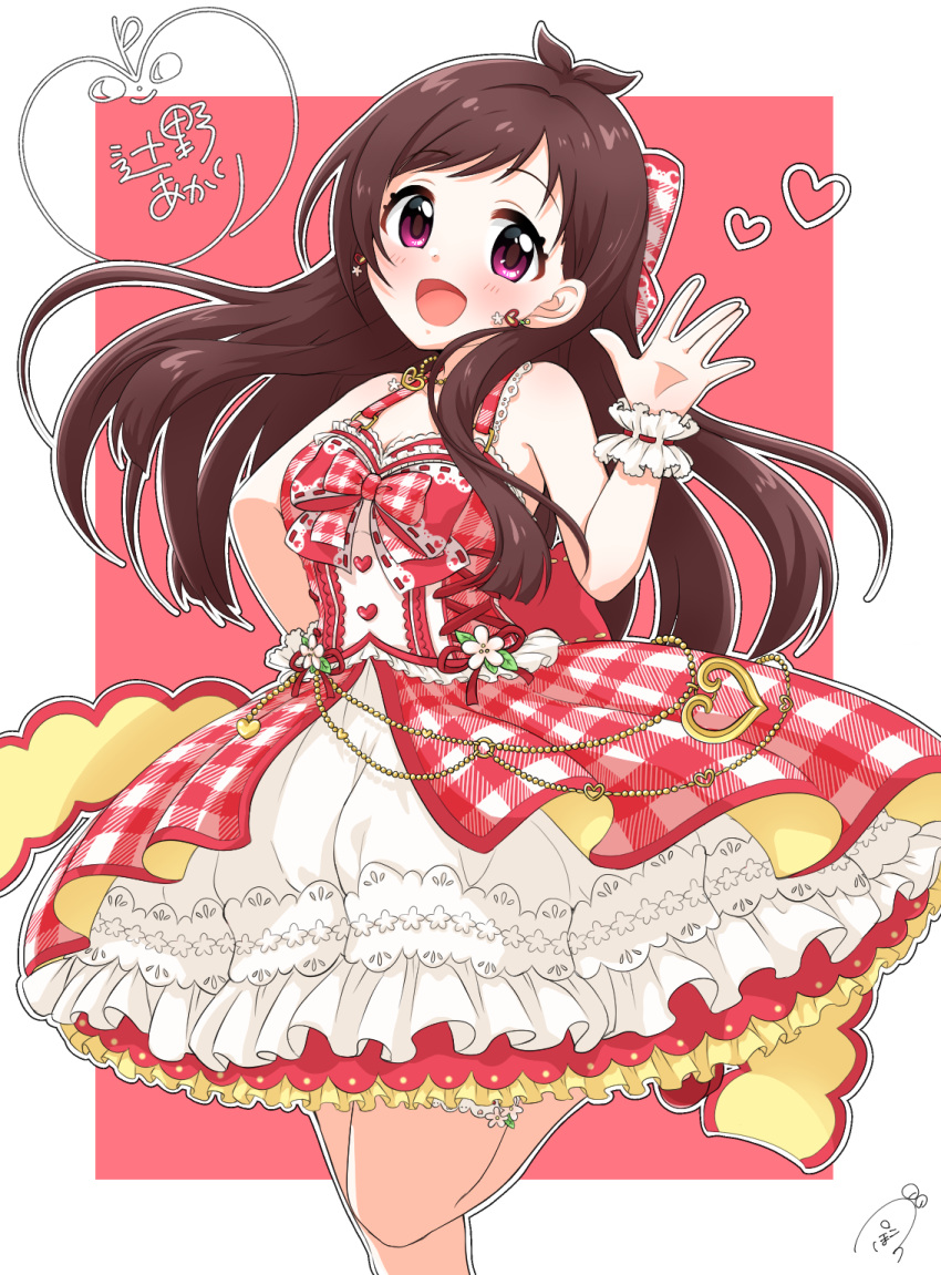 1girl antenna_hair bare_shoulders belly_chain blush breasts brown_hair character_name character_signature cleavage dress earrings flower frilled_dress frills funxy_k grid_background hand_on_own_hip hand_up heart heart_earrings heart_necklace highres idolmaster idolmaster_cinderella_girls idolmaster_cinderella_girls_starlight_stage jewelry long_hair looking_at_viewer medium_breasts necklace open_mouth plaid plaid_dress plaid_ribbon red_background red_dress red_eyes ribbon scrunchie signature sleeveless sleeveless_dress smile solo standing standing_on_one_leg thigh_strap tsujino_akari