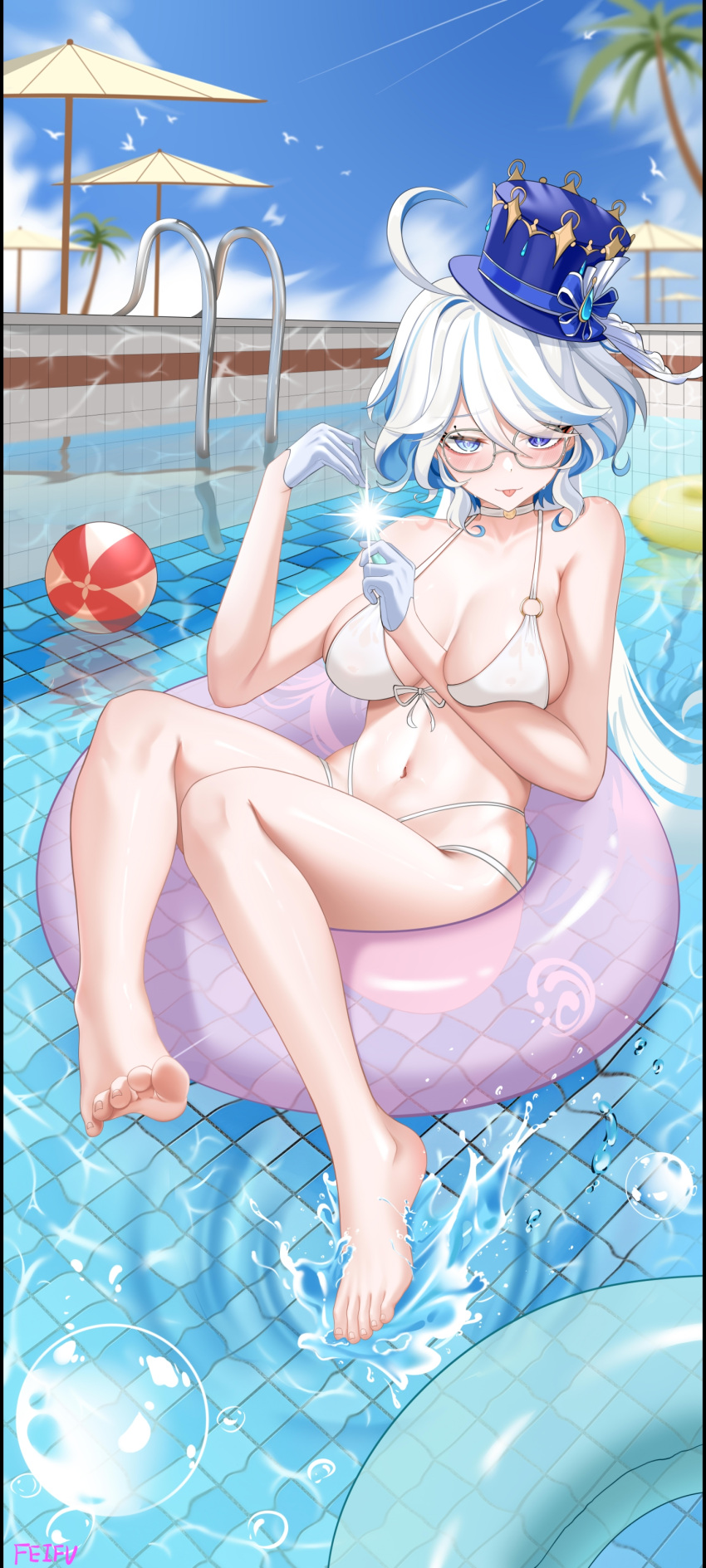 1girl :p absurdres ahoge ball bare_legs bare_shoulders beachball bespectacled bikini blue_eyes blue_hair blue_headwear blue_sky breasts bubble choker cloud commentary_request day feet feifu furina_(genshin_impact) genshin_impact glasses gloves hands_up hat highres innertube jewelry legs looking_at_viewer multicolored_hair navel off_shoulder pendant pool shirt sky smile solo stomach streaked_hair swimsuit thighs toes tongue tongue_out top_hat umbrella water white_bikini white_choker white_gloves white_hair white_shirt