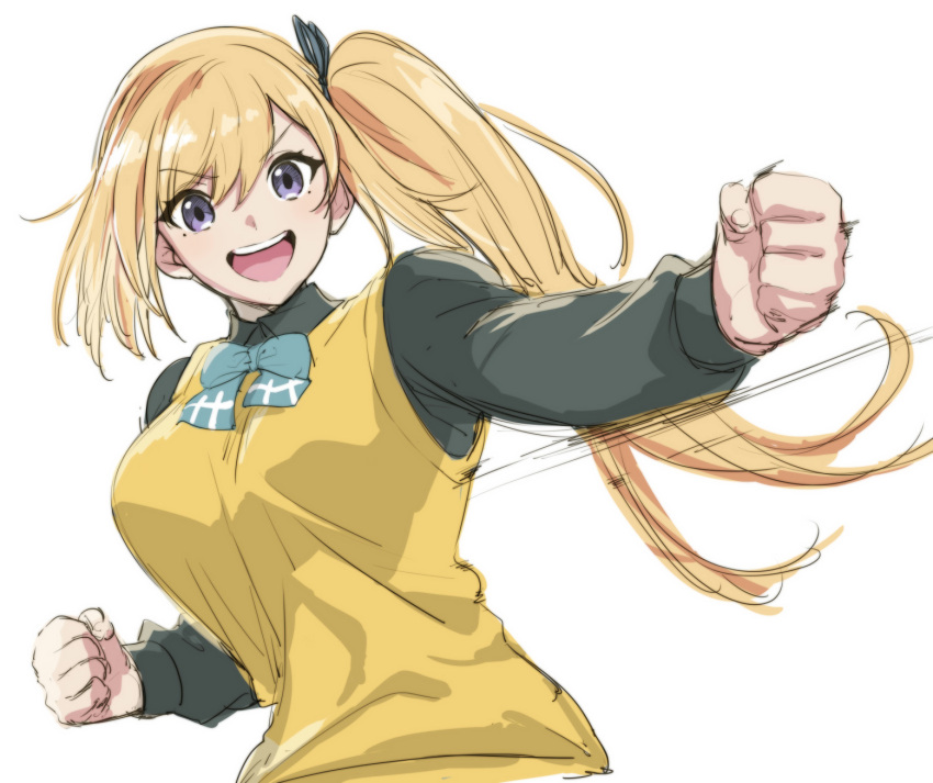 1girl aoba_(smartbeat) black_shirt blonde_hair blue_ribbon blush bow bowtie breasts fighting_stance hair_ribbon highres kawakami_mai large_breasts long_hair long_sleeves looking_at_viewer mole mole_under_eye musaigen_no_phantom_world open_mouth purple_eyes ribbon shirt side_ponytail smile solo sweater_vest vest yellow_vest