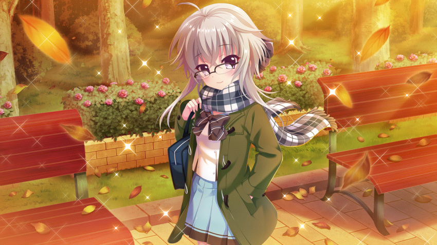 1girl ahoge autumn autumn_leaves bench black_bow blue_bag blue_scarf blue_skirt bow bowtie brick bush carrying_bag coat dot_nose evening film_grain flower game_cg glasses grass green_coat grey_hair hair_bow hand_in_pocket hedge ichijou_ruka izumi_tsubasu leaf lens_flare looking_at_viewer non-web_source official_art outdoors park_bench plaid plaid_scarf purple_eyes re:stage! scarf school_uniform semi-rimless_eyewear shirt short_hair skirt smile solo sparkle stone_walkway tree white_shirt