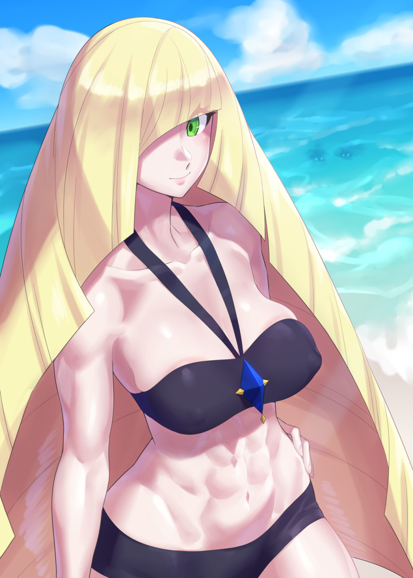 1girl abs bikini black_bikini blonde_hair blue_sky blush breasts closed_mouth cloud day green_eyes hair_over_one_eye highres large_breasts long_hair looking_at_viewer lusamine_(pokemon) mizuumi_(bb) navel ocean outdoors pokemon pokemon_(game) pokemon_sm sky smile solo_focus swimsuit