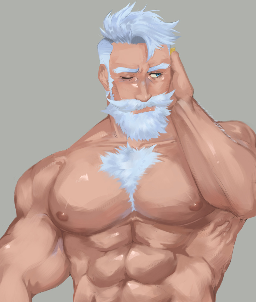 1boy abs bara bare_pectorals beard chest_hair cwazytvthings dislyte english_commentary facial_hair highres large_pectorals looking_to_the_side male_focus one_eye_closed pectorals pritzker_(mimir)_(dislyte) simple_background white_facial_hair white_hair