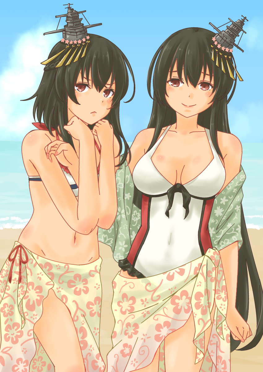 absurdres beach bikini black_hair blush breasts cowboy_shot fusou_(kancolle) hair_ornament headgear highres kantai_collection long_hair looking_at_viewer medium_breasts navel official_alternate_costume one-piece_swimsuit pot-de red_eyes sand sarong short_hair siblings sisters smile swimsuit white_bikini white_one-piece_swimsuit yamashiro_(kancolle)