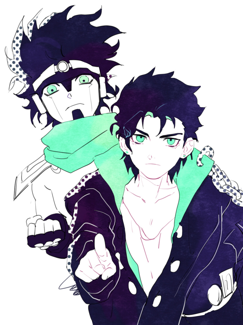 2boys age_regression aged_down armor gakuran green_eyes green_scarf hat hat_removed headband headwear_removed highres holding holding_clothes holding_hat jojo_no_kimyou_na_bouken kujo_jotaro limited_palette male_focus morikiri multiple_boys oversized_clothes pauldrons pointing pointing_at_viewer scarf school_uniform shoulder_armor stand_(jojo) star_platinum stardust_crusaders