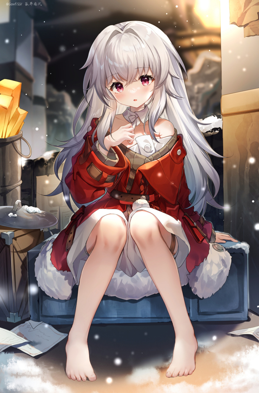 1girl absurdres artist_name bare_shoulders barefoot box clara_(honkai:_star_rail) coat collar commentary_request detached_collar full_body fur-trimmed_coat fur_trim grey_hair guzangnanfeng hair_intakes hand_up highres honkai:_star_rail honkai_(series) knees_together_feet_apart long_hair long_sleeves looking_at_viewer off-shoulder_coat off_shoulder open_mouth paper pink_eyes red_coat shorts sitting snow snowing solo thigh_strap white_collar white_hair white_shorts