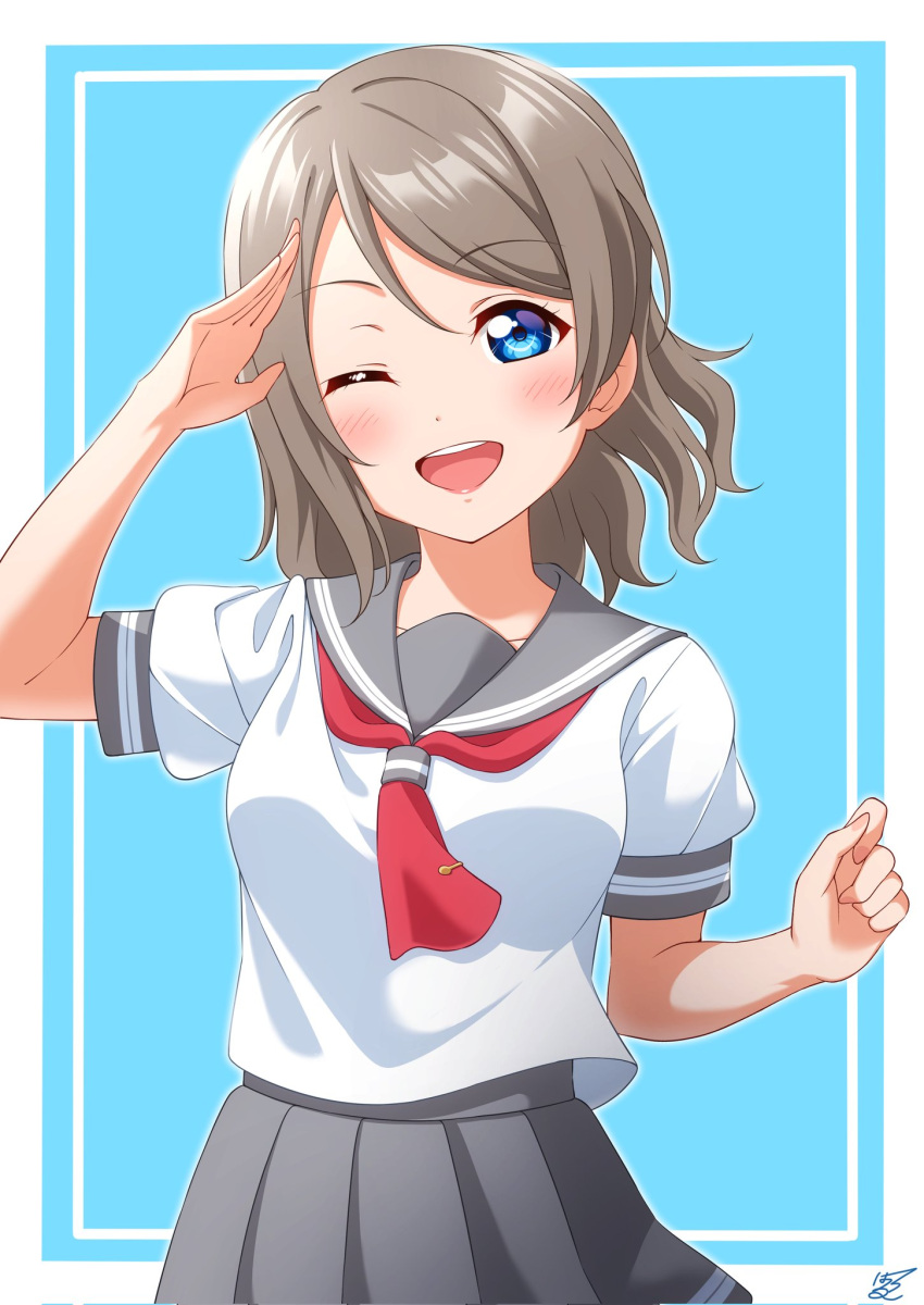 1girl blue_eyes brown_hair grey_sailor_collar grey_skirt haruharo_(haruharo_7315) highres light_blush looking_at_viewer love_live! love_live!_sunshine!! neckerchief one_eye_closed open_mouth pleated_skirt red_neckerchief sailor_collar school_uniform serafuku short_hair short_sleeves skirt smile solo summer_uniform upper_body uranohoshi_school_uniform watanabe_you