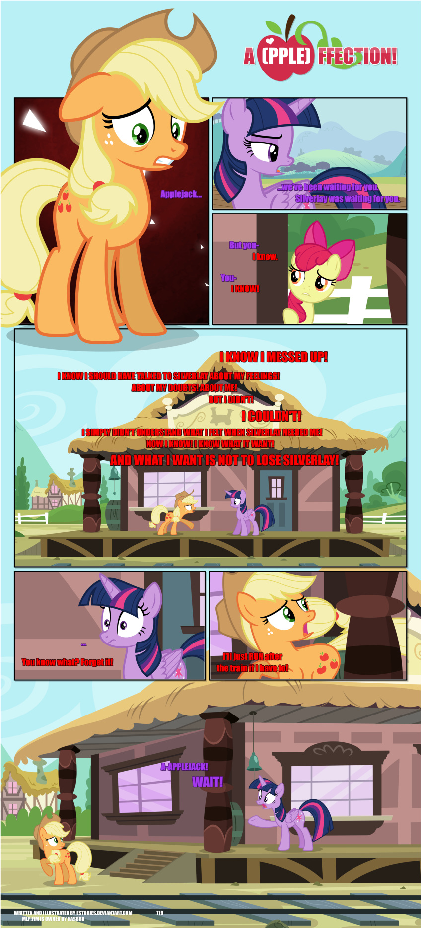 absurd_res accessory apple_bloom_(mlp) applejack_(mlp) bangs black_border border bow_ribbon chimney clenched_teeth clothing cowboy_hat cutie_mark dialogue ears_down ears_up earth_pony english_text equid equine estories female feral folded_wings friendship_is_magic group hair_accessory hair_bow hair_ribbon hasbro hat headgear headwear hi_res hooves horn horse mammal my_little_pony outside pivoted_ears plant pony ponyville raised_hoof ribbons shrub sibling_(lore) sister_(lore) sisters_(lore) teeth text train_station trio twilight_sparkle_(mlp) wide_eyed window winged_unicorn wings