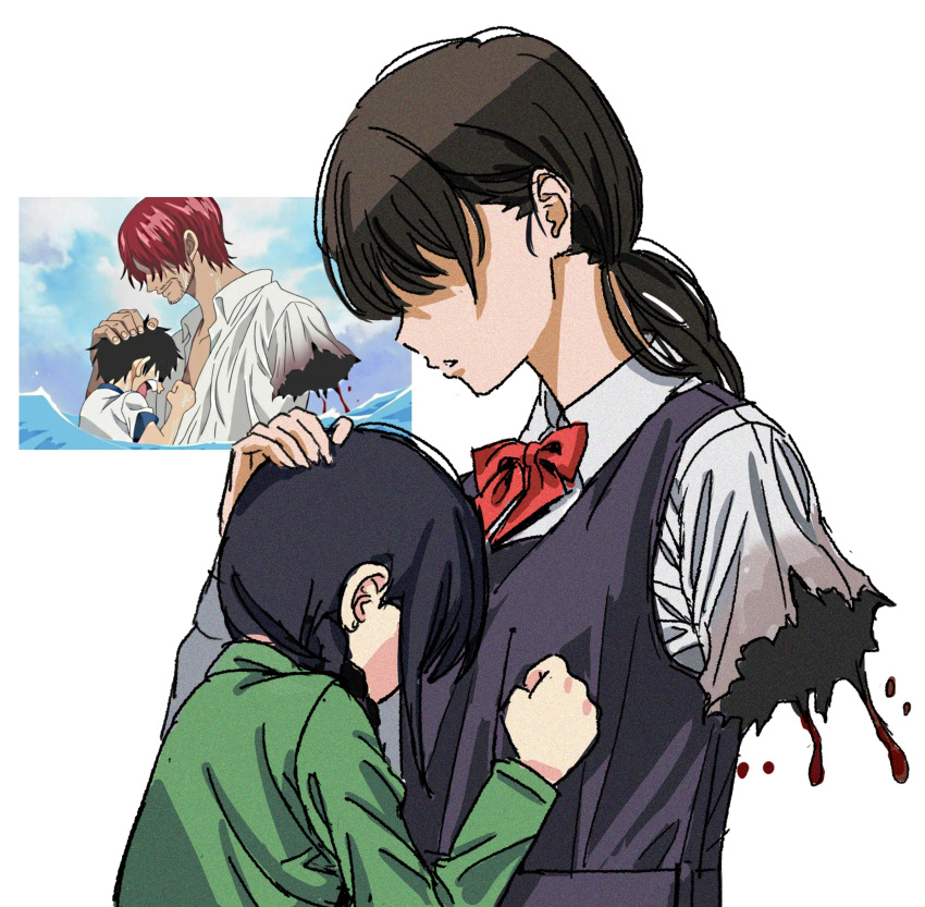 2boys 2girls amputee armless_amputee black_dress black_hair blood blood_on_clothes bow bowtie chainsaw_man clenched_hand commentary double_amputee dress english_commentary faceless faceless_female hand_on_another's_head highres mitaka_asa monkey_d._luffy multiple_boys multiple_girls nayuta_(chainsaw_man) one_piece parody ponytail red_bow red_bowtie reference_inset shanks_(one_piece) shiren_(ourboy83) shirt simple_background torn_clothes torn_shirt upper_body white_background white_shirt