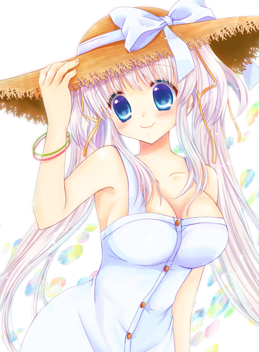 1girl arm_at_side bare_shoulders blue_eyes blush bow bracelet breasts buttons cleavage closed_mouth collarbone dress fingernails grey_hair hair_ribbon hand_on_headwear hand_up hat hat_bow highres jewelry long_hair mabinogi medium_breasts nao_(mabinogi) official_alternate_costume orange_headwear ribbon shararan sidelocks smile solo straw_hat twintails very_long_hair white_bow white_dress yellow_ribbon