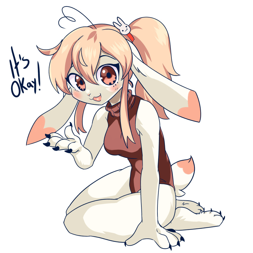 4_toes 5_fingers :3 absurd_res ahoge anthro barefoot big_eyes blonde_hair blush breasts claws clothed clothing comforting cute_expression cute_eyes dialogue english_text feet female finger_claws fingers fur hair heart_ahoge heart_in_mouth hi_res hindpaw humanoid_hands kneeling lagomorph leporid looking_at_viewer mammal open_:3 open_mouth open_smile paws pink_eyes pink_hair ponytail psibunny rabbit reassuring scut_tail short_tail simple_background sleeveless_sweater sleeveless_turtleneck smile smiling_at_viewer soles solo tail talking_to_viewer text toe_claws toes topwear white_background white_body white_fur