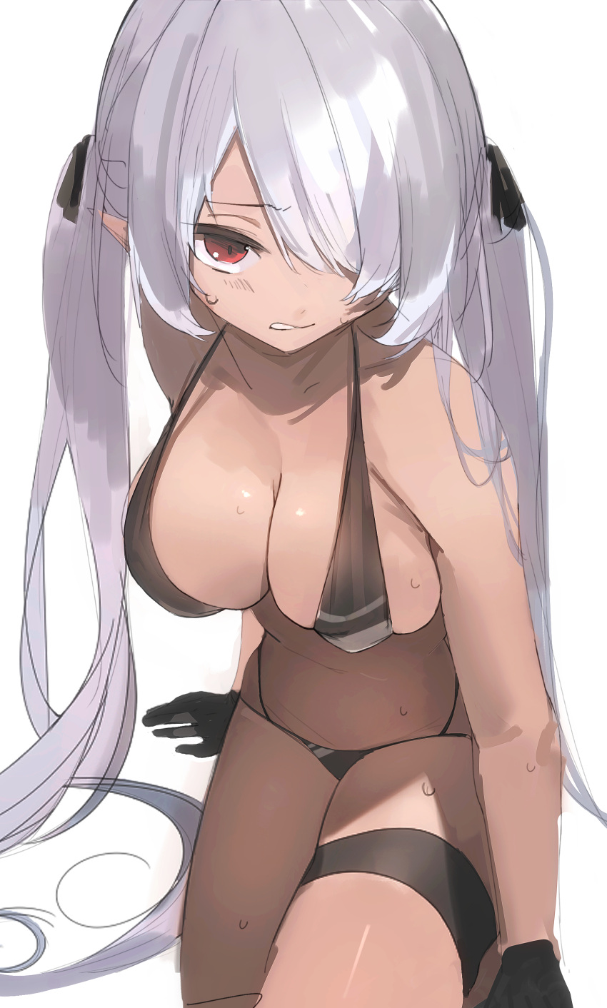 1girl absurdres bikini black_bikini black_gloves black_ribbon blue_archive breasts dark-skinned_female dark_skin gloves grey_hair hair_over_one_eye hair_ribbon highres iori_(blue_archive) iori_(swimsuit)_(blue_archive) large_breasts long_hair looking_at_viewer official_alternate_costume pisuta_(yamashiro) red_eyes ribbon simple_background sitting solo sweat swimsuit thigh_strap twintails very_long_hair white_background