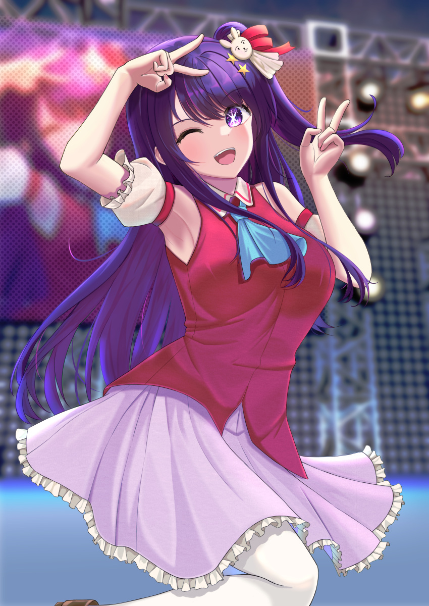 1girl ;d absurdres ascot blue_ascot blurry depth_of_field double_v dress frilled_dress frilled_skirt frills hair_between_eyes hair_ornament highres hoshino_ai_(oshi_no_ko) idol idol_clothes leg_up long_hair one_eye_closed one_side_up oshi_no_ko pantyhose pink_dress puffy_short_sleeves puffy_sleeves purple_eyes purple_hair purple_skirt rabbit_hair_ornament shia0016 short_sleeves skirt sleeveless sleeveless_dress smile solo star-shaped_pupils star_(symbol) swept_bangs symbol-shaped_pupils v white_pantyhose