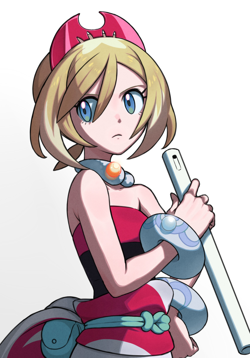 1girl bite_addict blonde_hair blue_eyes bracelet closed_mouth collar eyelashes fanny_pack flute green_bag hair_between_eyes hairband highres holding holding_instrument instrument irida_(pokemon) jewelry pokemon pokemon_(game) pokemon_legends:_arceus sash shirt short_hair shorts simple_background solo strapless strapless_shirt waist_cape white_background white_shorts