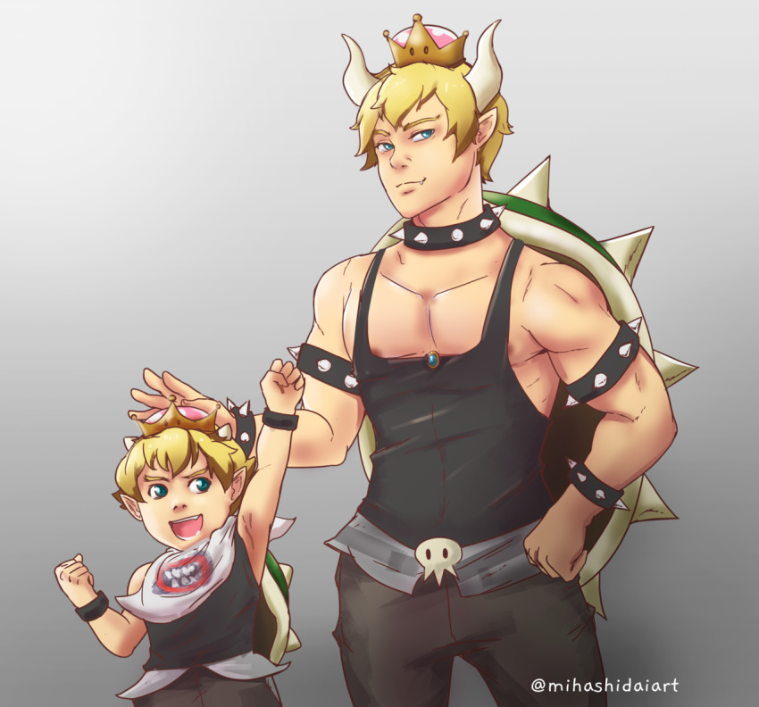 animal_humanoid blonde_hair blue_eyes bowser bowser_jr. child clothed clothing crown duo father_(lore) father_and_child_(lore) father_and_son_(lore) hair headgear humanoid humanoid_pointy_ears koopa_humanoid male male_bowsette_meme mario_bros mihashidai muscle_shirt nintendo parent_(lore) parent_and_child_(lore) parent_and_son_(lore) scalie scalie_humanoid son_(lore) young