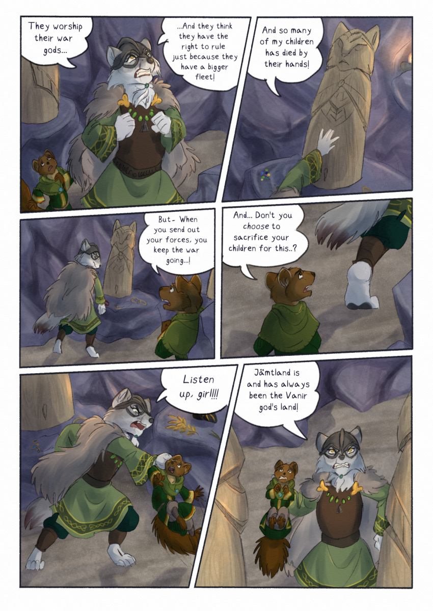 2022 5_fingers angry anthro armor biped bjekkergauken brown_body brown_fur brown_tail canid canine canis cave clothed clothing colored comic dialogue dialogue_box duo english_text fingers fur green_clothing green_shirt green_topwear grey_body grey_fur gulonine headgear helmet hi_res male mammal marten mustelid musteline pine_marten rock sculpture shirin_(bjekkergauken) shirt size_difference speech_bubble statue tail text topwear ulf_(bjekkergauken) wolf