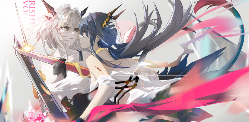 2girls absurdres arknights bare_shoulders black_hair blood breasts ch'en_(arknights) chinese_commentary collarbone commentary_request dragon_girl dragon_horns dragon_tail grey_eyes grey_hair head_grab highres holding holding_sword holding_weapon horns incest injury large_breasts long_hair looking_at_another multiple_girls off_shoulder red_eyes shirt siblings sisters smile sword tail talulah_(arknights) twintails viod_yuhua weapon white_shirt yuri