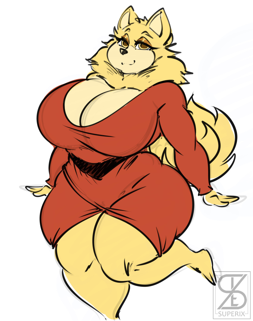 2023 absurd_res adelina_(superix) anthro breasts canid canine canis clothing domestic_dog female fingers fur hi_res mammal pomeranian solo spitz superix tail yellow_body yellow_eyes yellow_fur