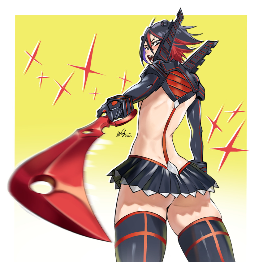 ass black_eyes black_hair black_skirt black_thighhighs bleach breasts cosplay hairpods highres kill_la_kill kuchiki_rukia life_fiber living_clothes matoi_ryuuko matoi_ryuuko_(cosplay) microskirt multicolored_hair red_hair revealing_clothes scissor_blade_(kill_la_kill) skirt small_breasts suspenders thighhighs waligner weapon