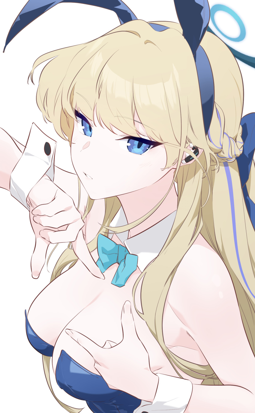 1girl absurdres animal_ears blonde_hair blue_archive blue_eyes bow bowtie breasts cleavage detached_collar expressionless fake_animal_ears halo highres jjjsss looking_at_viewer rabbit_ears simple_background solo toki_(blue_archive) toki_(bunny)_(blue_archive) white_background wrist_cuffs