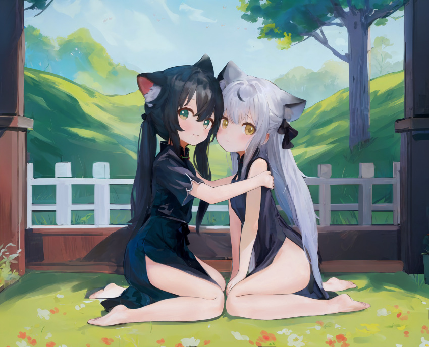 2girls animal_ear_fluff animal_ears barefoot black_dress black_hair blue_archive blush brown_eyes china_dress chinese_clothes cloud dress face-to-face feet from_side green_eyes grey_hair hands_on_another's_shoulders highres kneeling kokona_(blue_archive) long_hair looking_at_viewer multiple_girls outdoors short_sleeves shun_(blue_archive) shun_(small)_(blue_archive) siblings side_slit sisters sleeveless sleeveless_dress sly tail thighs tiger_ears tiger_girl tiger_tail toes tree twintails very_long_hair yeong