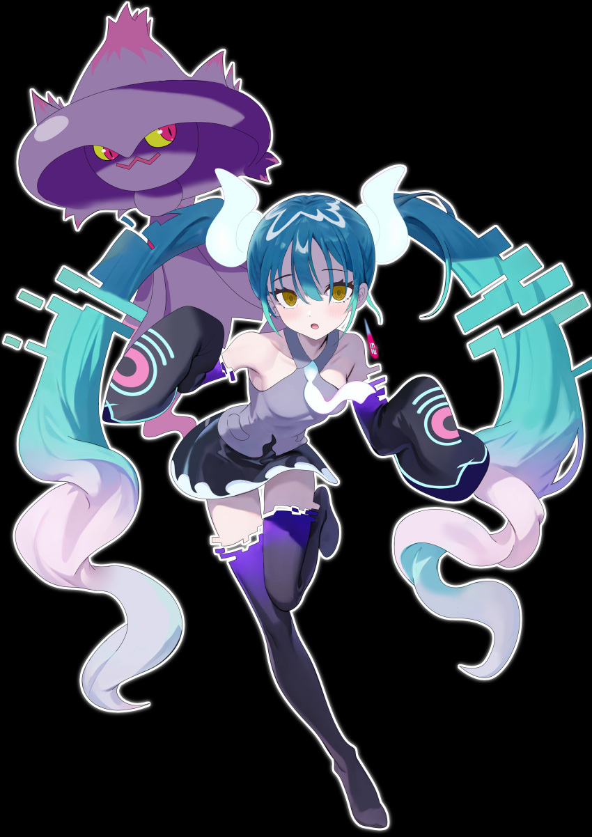 1girl :o absurdres baozi_9527 bent_over black_background black_skirt black_thighhighs commentary_request crossover detached_sleeves eyelashes ghost_miku_(project_voltage) green_hair grey_shirt hair_between_eyes hatsune_miku highres leg_up long_hair looking_at_viewer mismagius necktie outline pokemon pokemon_(creature) project_voltage shirt skirt sleeveless sleeveless_shirt thighhighs twintails vocaloid yellow_eyes