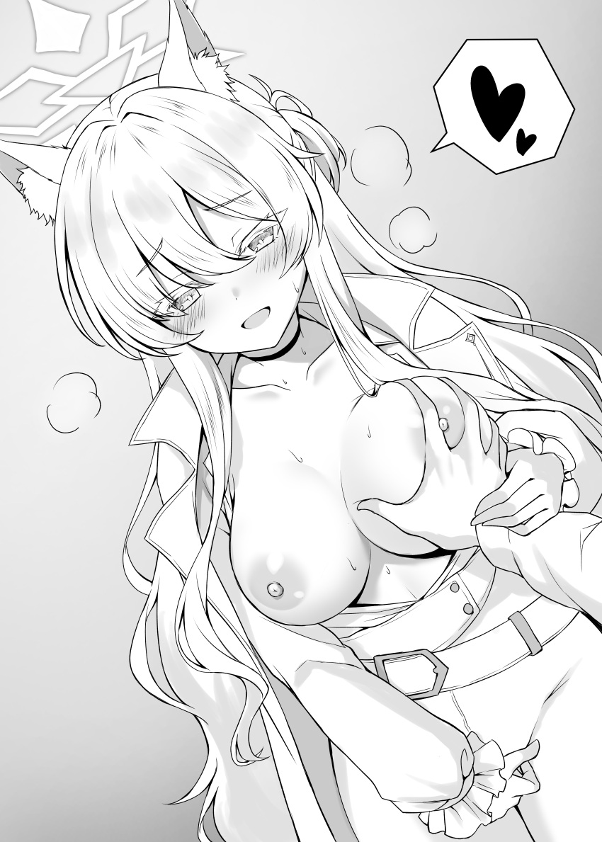 1girl absurdres akira_(blue_archive) animal_ear_fluff animal_ears belt blue_archive blush breasts cape cat_ears choker female_masturbation grabbing grabbing_another's_breast greyscale groping guided_breast_grab guiding_hand halo heart heavy_breathing highres holding_another's_wrist large_breasts long_hair long_sleeves masturbation masturbation_through_clothes monochrome nipples open_clothes open_mouth open_shirt pants ryochapu solo_focus spoken_heart sweat