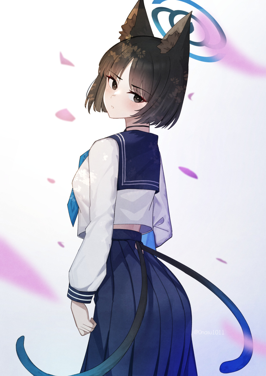 1girl absurdres animal_ear_fluff animal_ears black_hair blue_archive blue_skirt blush bright_pupils cat_ears cat_tail cherry_blossoms falling_petals halo highres kikyou_(blue_archive) looking_at_viewer looking_to_the_side midriff_peek multiple_tails nassss petals pleated_skirt school_uniform serafuku shirt short_hair skirt solo tail tail_through_clothes white_pupils white_shirt