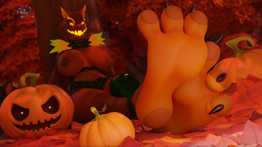 3d_(artwork) anklet anthro areola armor autumn autumn_leaves barefoot big_breasts bigdogenzo black_claws blender_(software) breasts brown_areola brown_body brown_nipples canid canine canis claws clothing digital_media_(artwork) epic_games feet female food foot_fetish foot_focus forest fortnite fruit fur fur_trim_(clothing) glowing glowing_eyes glowing_mouth holidays jack-o'-lantern jewelry leaves_on_ground leg_armor mammal multicolored_body nipples nude orange_body outside pack_leader_highwire pawpads paws plant plantigrade pumpkin smile solo toes tree two_tone_body two_tone_feet wolf