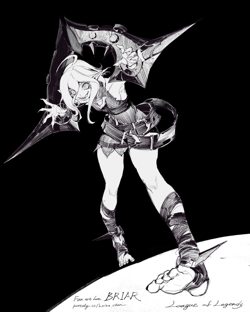 1girl :p ahoge artist_name belt black_background breasts briar_(league_of_legends) character_name commentary fingernails full_body greyscale hair_between_eyes highres league_of_legends loiza long_hair looking_at_viewer medium_breasts monochrome no_pupils pointy_ears sharp_fingernails sharp_teeth sidelocks simple_background smile solo standing teeth toeless_footwear toenails toes tongue tongue_out vampire wrist_cuffs