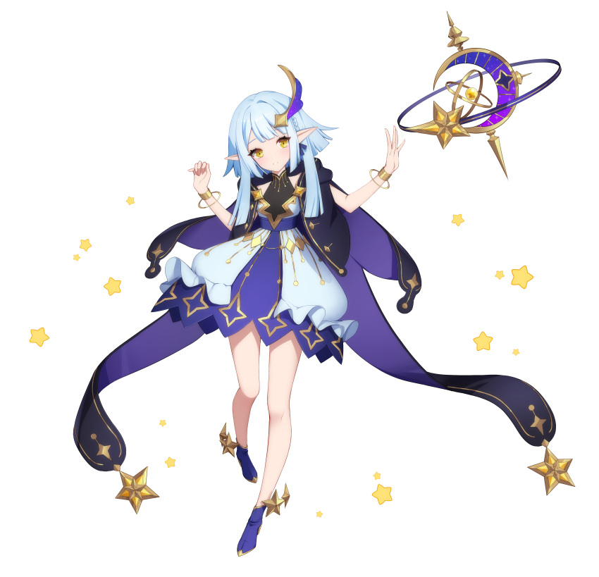 1girl absurdres bare_arms bare_legs bare_shoulders blue_cloak blue_dress blue_footwear blue_hair blunt_bangs blunt_ends blush bracelet cloak crescent dress eversoul frilled_skirt frills full_body game_cg hair_ornament highres jewelry looking_to_the_side official_art orb parted_lips pointy_ears ribbon short_hair skirt sleeveless sleeveless_dress solo star_(symbol) tachi-e talia_(eversoul) transparent_background turtleneck_dress two-tone_dress yellow_eyes