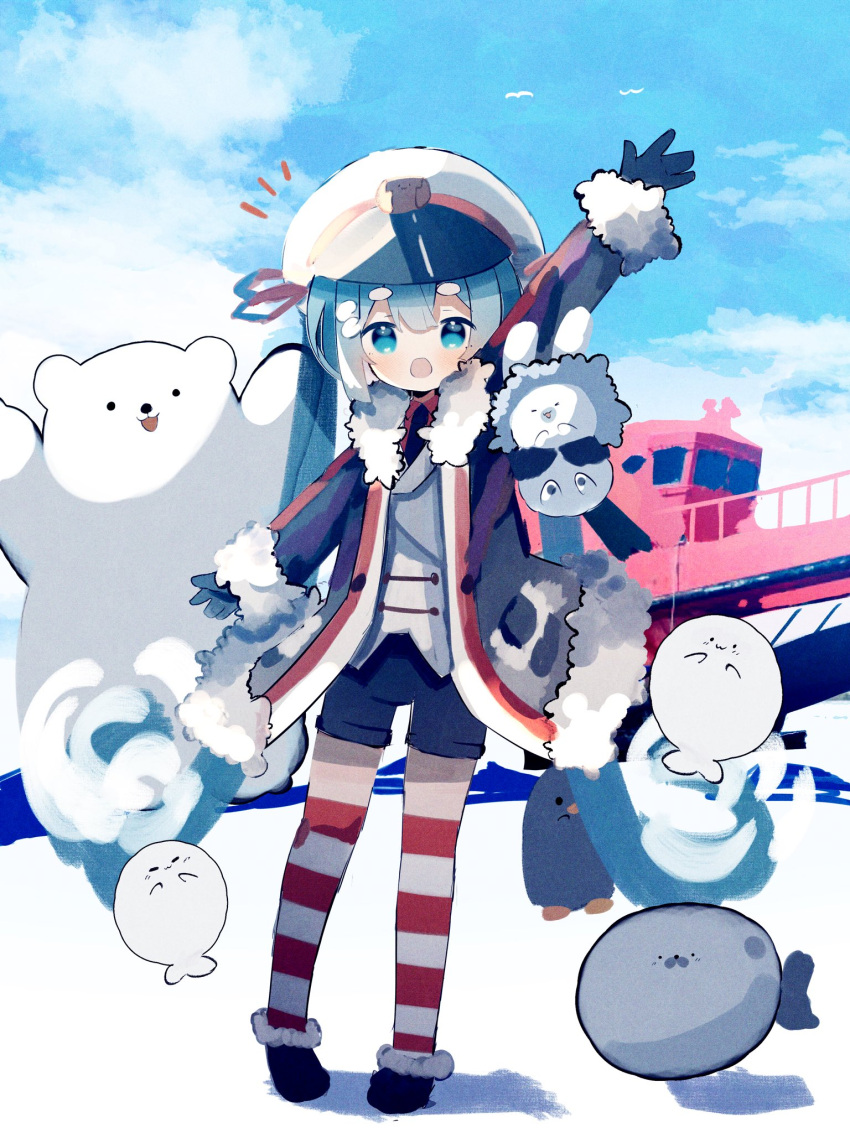 1girl :o animal arm_up bear bird black_coat black_footwear black_gloves black_necktie black_shorts blue_eyes blue_hair buttons cloud coat commentary day double-breasted fur-trimmed_coat fur-trimmed_footwear fur-trimmed_hood fur_trim glacier gloves hair_ribbon hat hatsune_miku highres hood jacket long_hair looking_at_viewer military military_uniform naval_uniform necktie notice_lines open_mouth outdoors outstretched_arm peaked_cap penguin polar_bear rabbit rabbit_yukine red_ribbon red_shirt red_thighhighs ribbon seagull seal_(animal) ship shirt shorts sidelighting sky smile solo striped striped_thighhighs syare_0603 thighhighs twintails uniform very_long_hair vocaloid watercraft waving white_headwear white_jacket white_thighhighs yuki_miku yuki_miku_(2022)