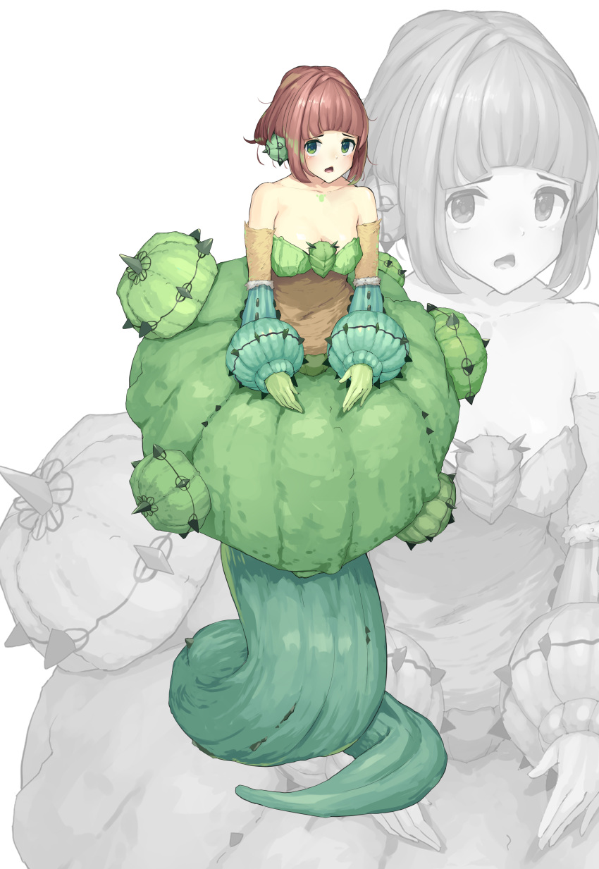 1girl absurdres bare_shoulders breasts brown_hair cactus_girl chest_tattoo cleavage full_body green_eyes green_hair highres looking_at_viewer medium_breasts monster_girl multicolored_hair open_mouth original plant_girl shitoi_(aqua1487) short_hair solo streaked_hair tattoo thorns white_background zoom_layer