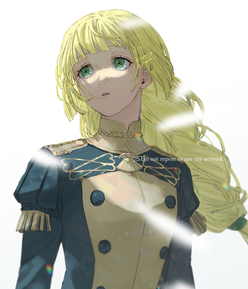 1girl 91007 artist_name blonde_hair braid english_text epaulettes fire_emblem fire_emblem:_three_houses garreg_mach_monastery_uniform green_eyes highres ingrid_brandl_galatea long_hair long_sleeves looking_afar parted_lips simple_background single_braid solo teeth twitter_username upper_body white_background